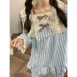 Ruffles Sleepwear Women Pajama Sets Piiama Plaid Pants Sets for Women 2 Pieces Lace Korean Night Wears Square Collar Home Suit