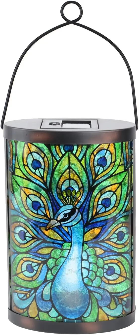 

Solar Lantern Outdoor, Hanging Glass Peacock Solar Lights Waterproof Led Lamp for Garden Yard Tree Desk Decor
