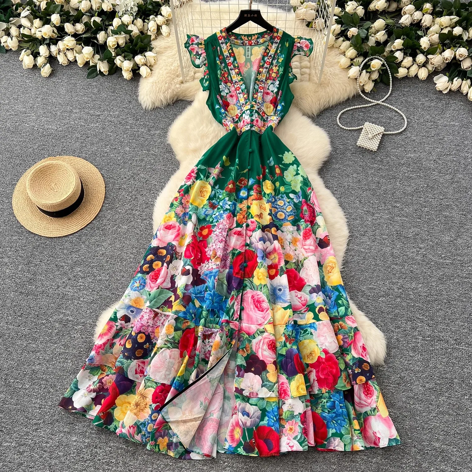 Mode vacances d'été magnifique fleur en mousseline de soie Robe longue nouveau Boho femmes volants profond Sexy col en V sans manches imprimé bouton Robe