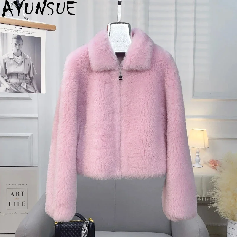 Short AYUNSUE 100% Wool Coats for Women 2024 Autumn Winter Fashion Sheep Shearing Jacket Female Outerwears Jaqueta Feminina