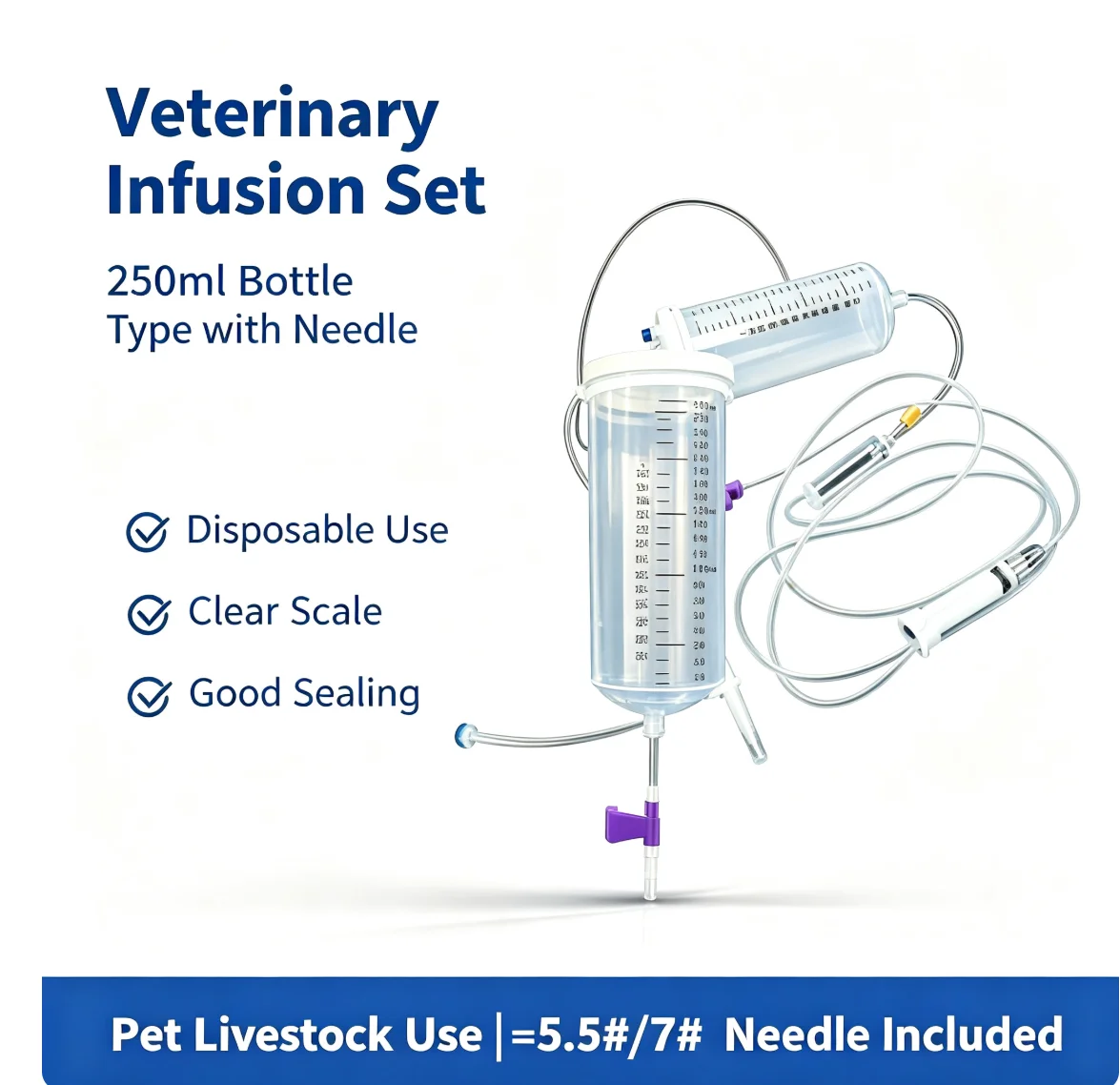 Disposable Veterinary Infusion Set 250ml Bottle Type With Needle 5.5#/7# for Pig Cattle Sheep Pet Animal IV Infusion
