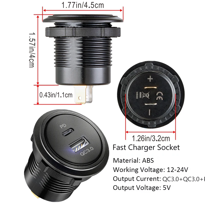 4 in 1 Marine Switch Panel 12V Dual USB Charger Socket Power Outlet LED Voltmeter Cigarette Lighter Socket ON Off Button Switch