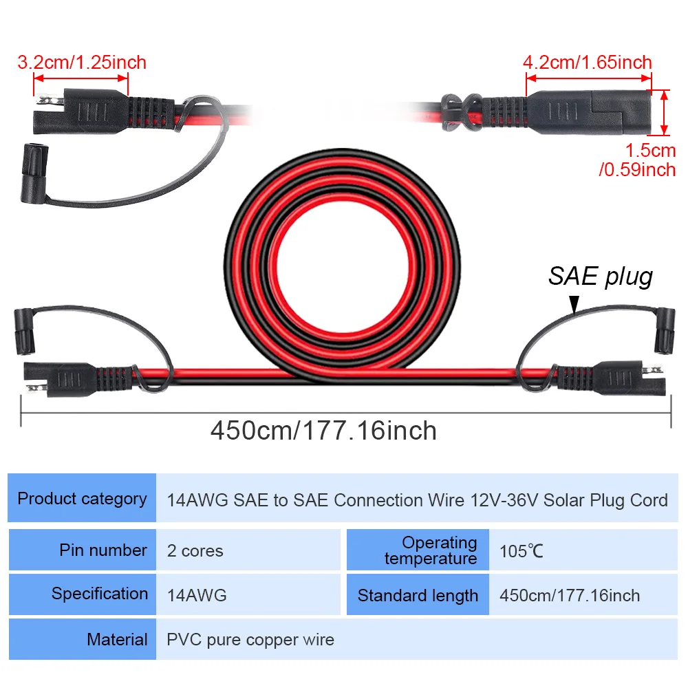 

14AWG 450cm SAE to SAE Extension Cable PVC Pure Copper Quick Disconnect for Car RV Motorcycle Solar Battery Charging