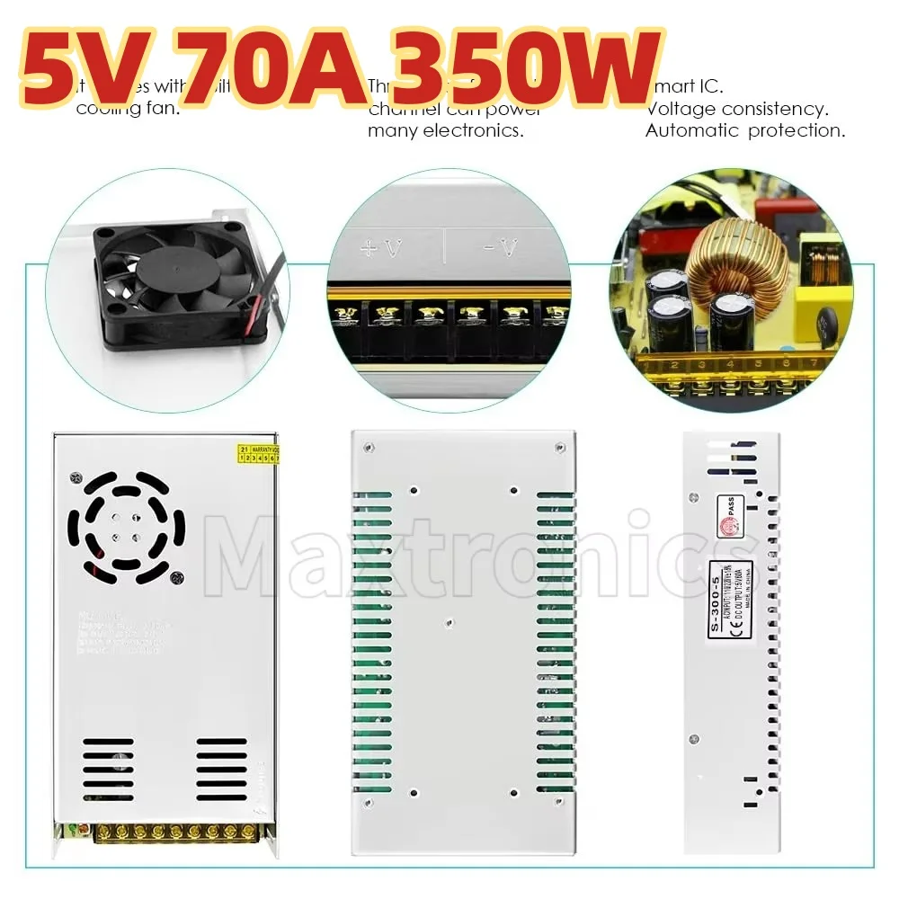 

Адаптер питания 70A AC100V-240V to DC5V 350W Импульсный источник питания Светодиодный драйвер для 5V Модуль светодиодных лент Трансформатор освещения