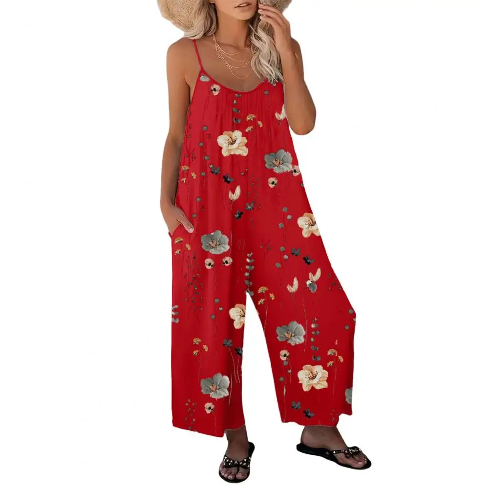 Women Printed Jumpsuit Floral Print Spaghetti Strap Jumpsuit with Side Pockets Sleeveless Wide Leg Vacation Beach Romper