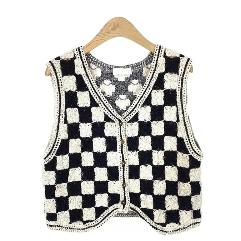 Checkerboard Crochet Vest for Women Black and White Plaid Button Front Sleeveless Jacket Tanks Female Summer Trendy Outfit