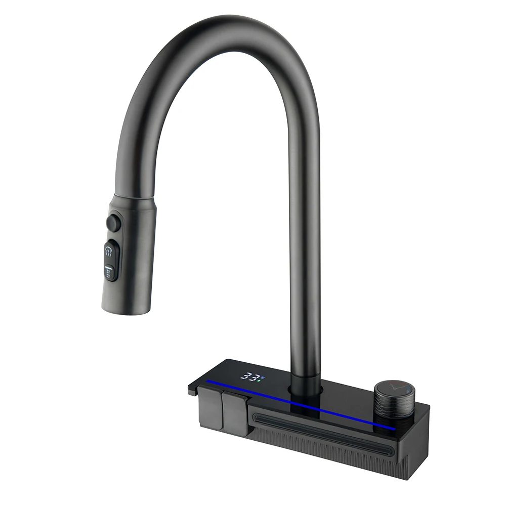 

Настольный летающий дождевой водопадный кран, выдвижной одиночный отверстий, латунный смеситель для кухонной мойки с горячей и холодной водой