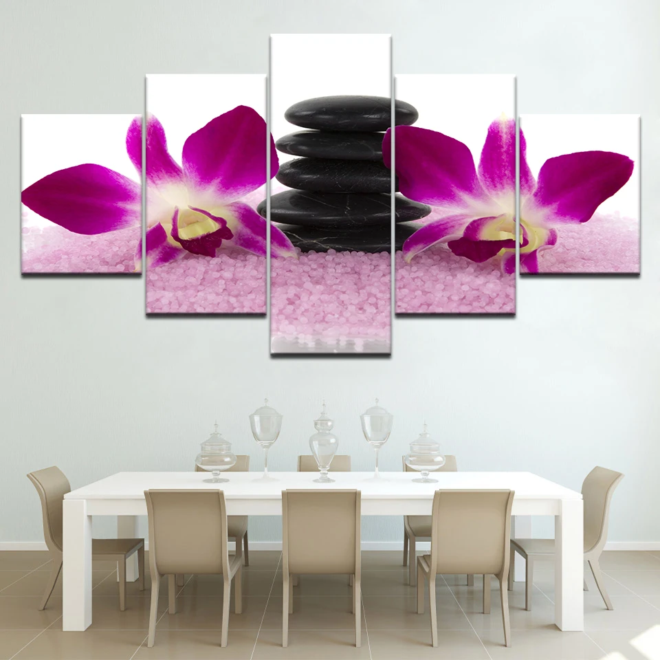 5 Pieces Vintage Zen Stone Orchid Wall Art Canvas Painting Thai Spa Bamboo Posters and Prints for Living Room Home Decor Cuadros