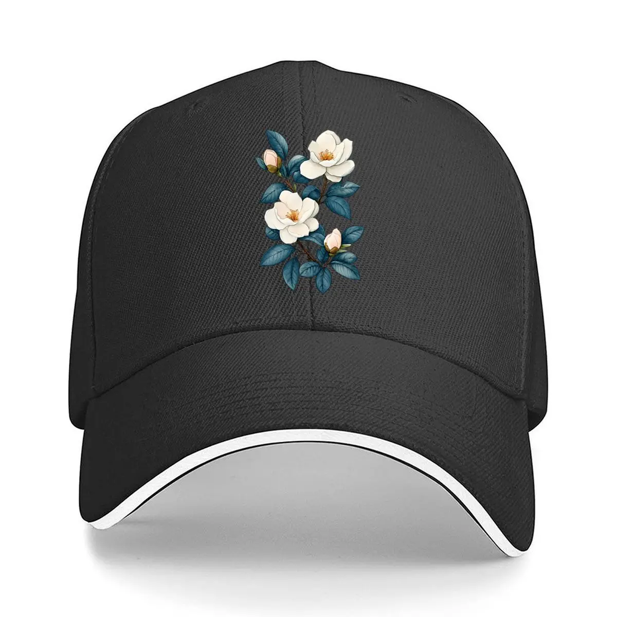 White Magnolia Blossoms Blue Leaves Botanical Floral Sandwich Baseball Cap