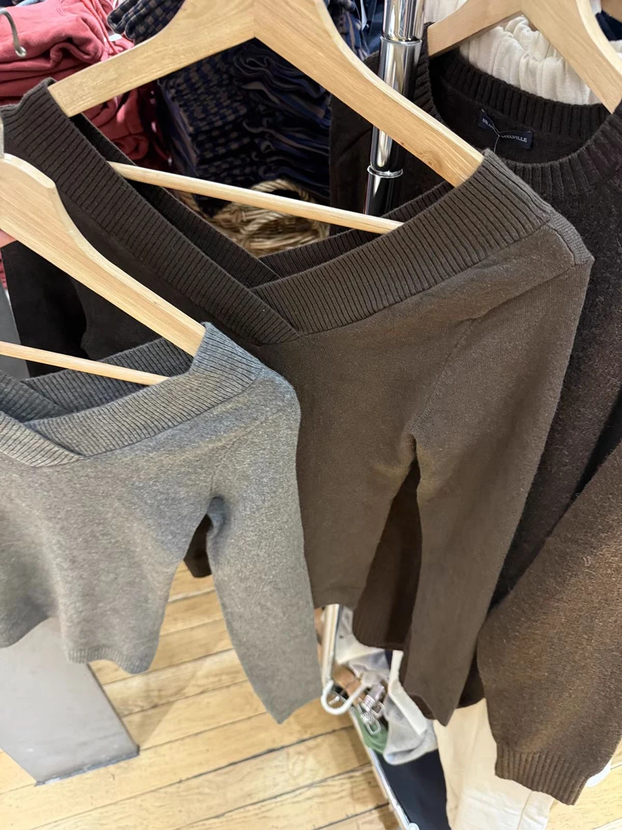 Cinza duplo decote em v camisola de malha primavera algodão fino manga longa malhas topos feminino vintage sólido all-match jumpers 2026 novo