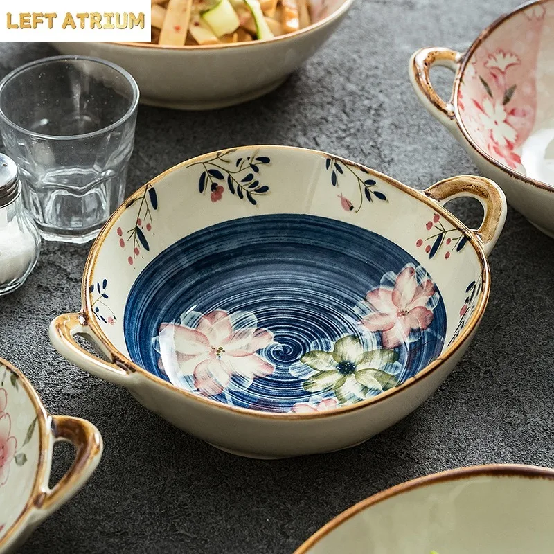 

Ceramics Floral Pattern Double Handle Bowls for Serving Dishes Home Dining and Gathering Use Home Kitchen Utensils