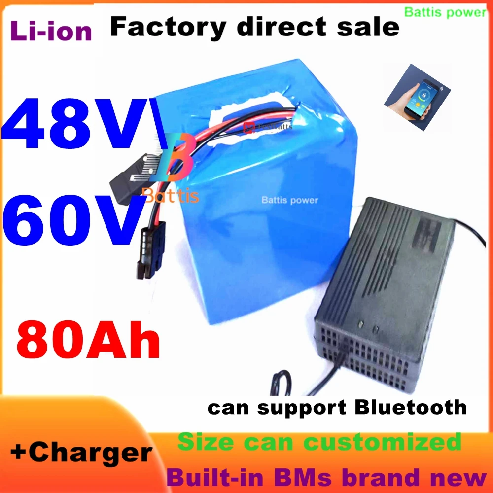 Li ion 48V 80AH 60V Lithium Battery BMS 13S 16S for 5000W 8000W Scooter Bike Tricycle Go Cart Motor With Charger