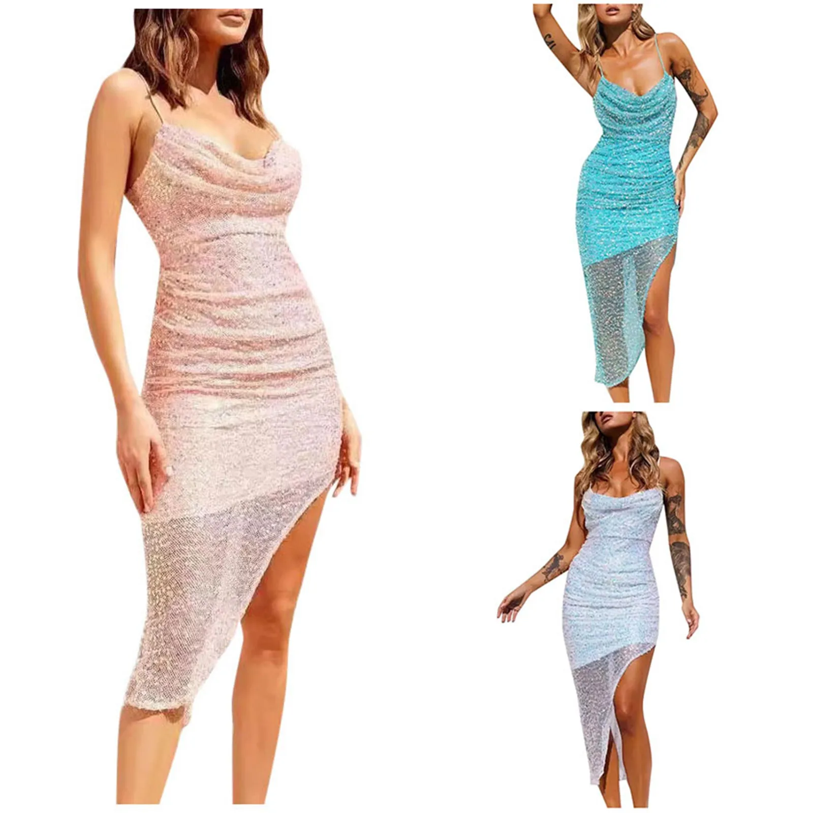 Camisola vestido sin mangas con lentejuelas brillantes de malla para mujer, dobladillo Irregular, sin espalda, Bodycon de noche para fiesta, vestido de cóctel