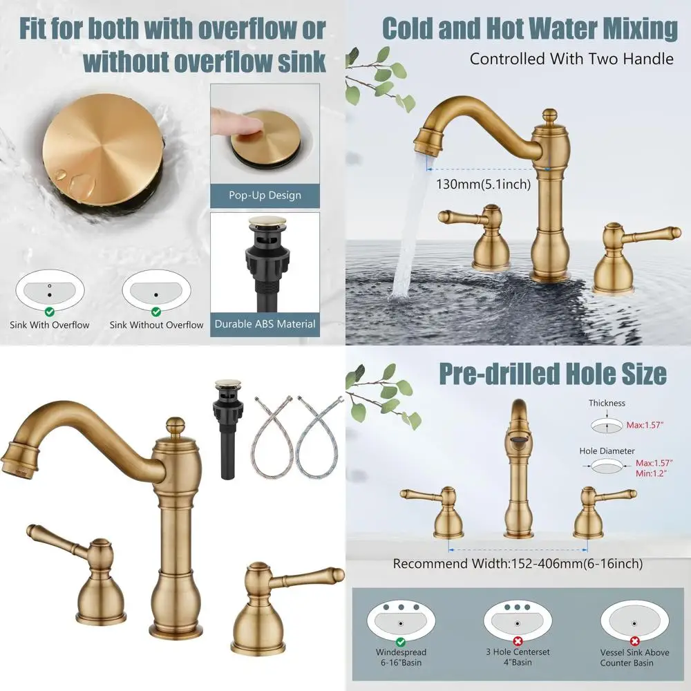 

Antique Brass 3-Hole Deck Mount Widespread Bathroom Sink Faucet with Pop-Up Drain and Double Lever Handles