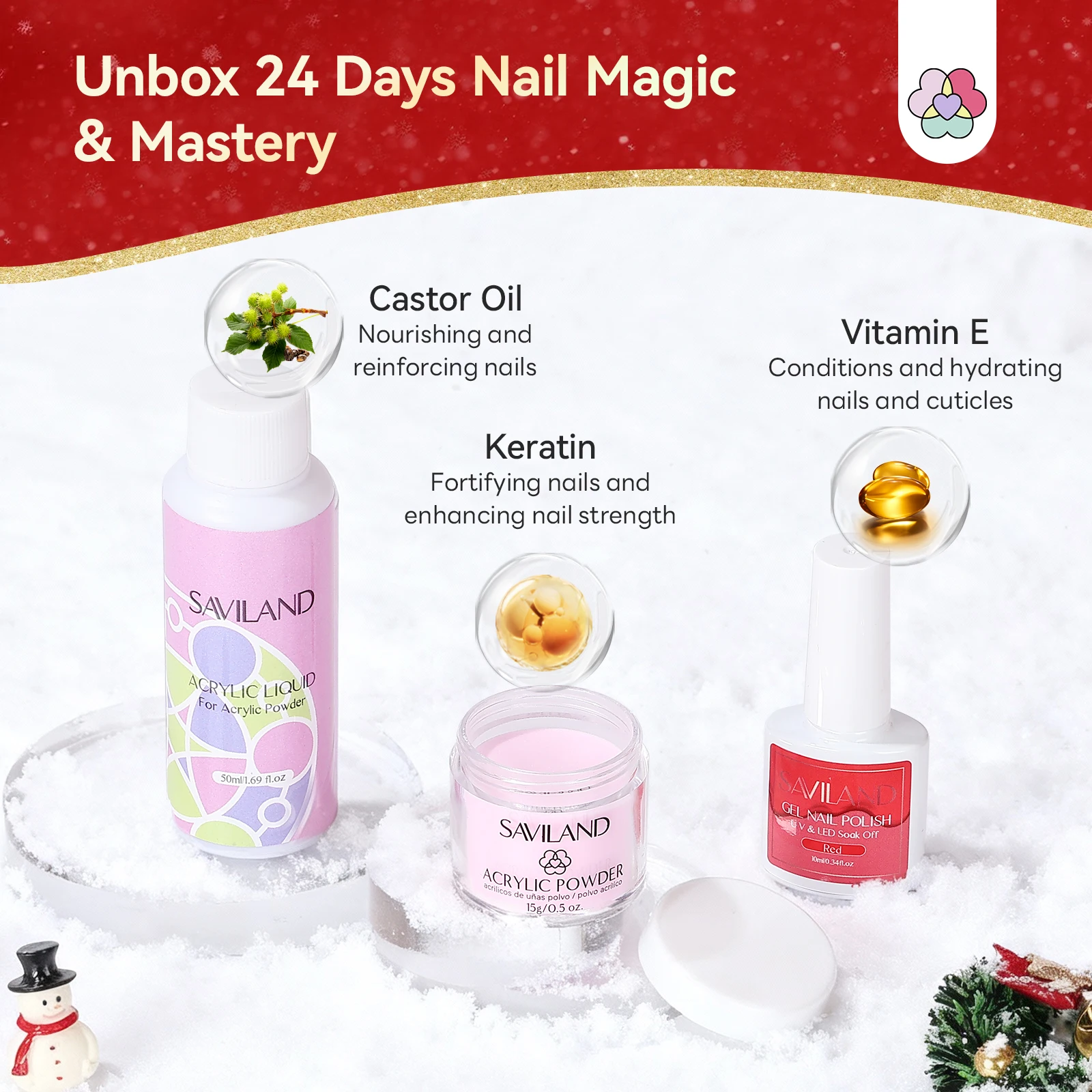 SAVILAND 24-Tage-Weihnachts-Acryl-Nagelset, Adventskalender mit Nagelbohrer und Aufklebern, Urlaubs-Maniküre-Geschenkset für Frauen