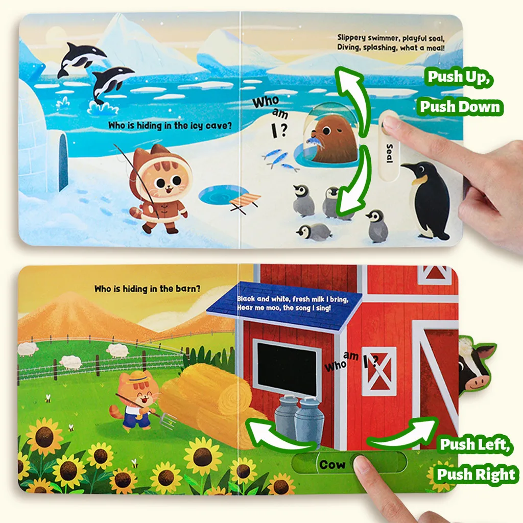 Who’s That? Push-Pull-Slide Board Books —4-Book Interactive Set for Toddlers & Preschool—Forest, Farm, Ocean & Grassland Animals view 5