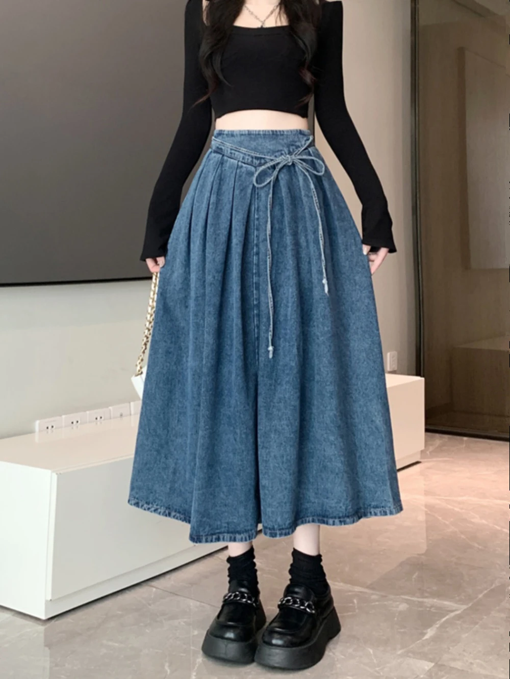 Fashion Women\'s Denim Skirt 2024 Summer New Single-Breasted High-Waist Slim A-line Long Skirts Female Elastic Waist Lac-up Skirt