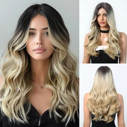 13x4x1 Koronkowe peruki syntetyczne Blond Balayage Długie naturalne faliste Ręcznie szydełkowe koronkowe peruki dla kobiet Odporne na ciepło do codziennego użytku