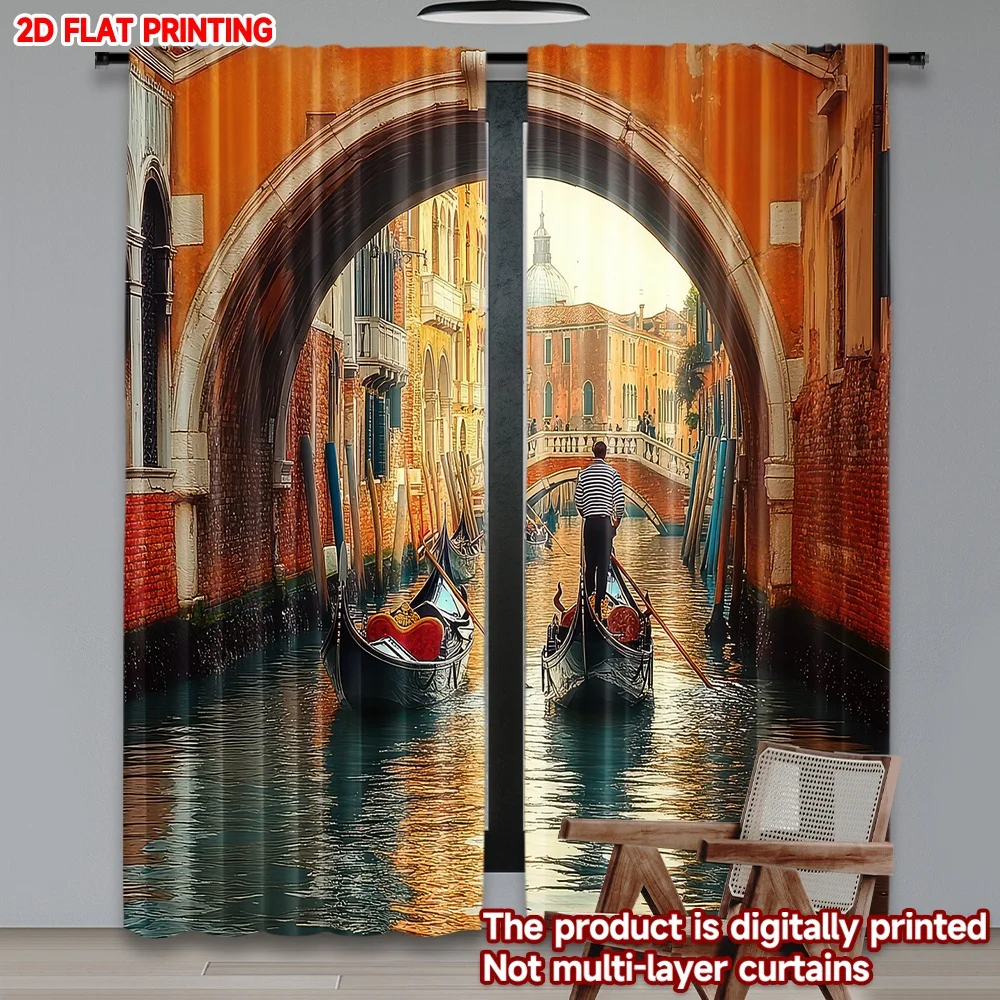 

2D flat printing 2pcs Curtain Venice Gondolas and Bridge Digital Printed Polyester Drapes Festive Curtains Perfect for Parties