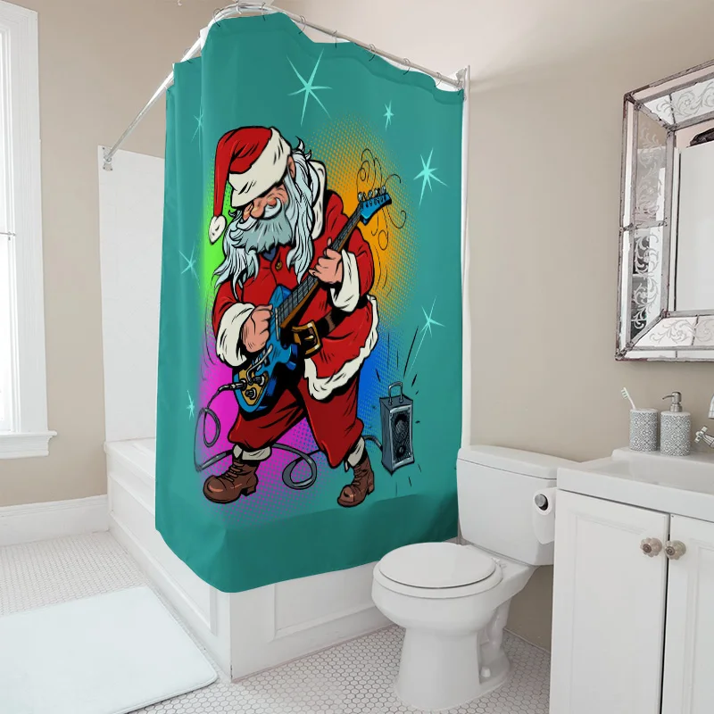 TU Rockstar Santa Claus Tirai Mandi Dekorasi Musik Natal Kain Kamar Mandi Hadiah Liburan Meriah Dinding Santa Claus Rock and Roll