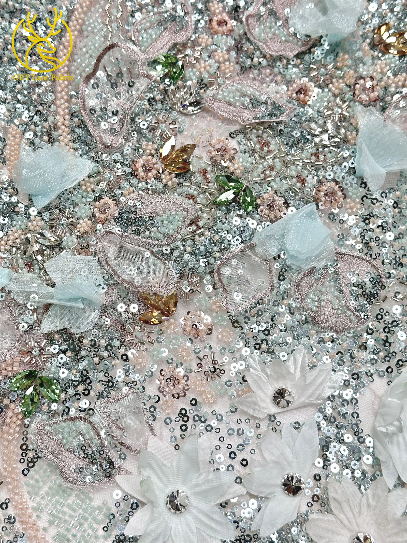 Hochwertiger luxuriöser französischer Edelstein-Perlenstickerei-3D-Blumen-Afrikanischer-Pailletten-Spitzenstoff für DIY handgefertigtes Hochzeitskleid. – Detail 11