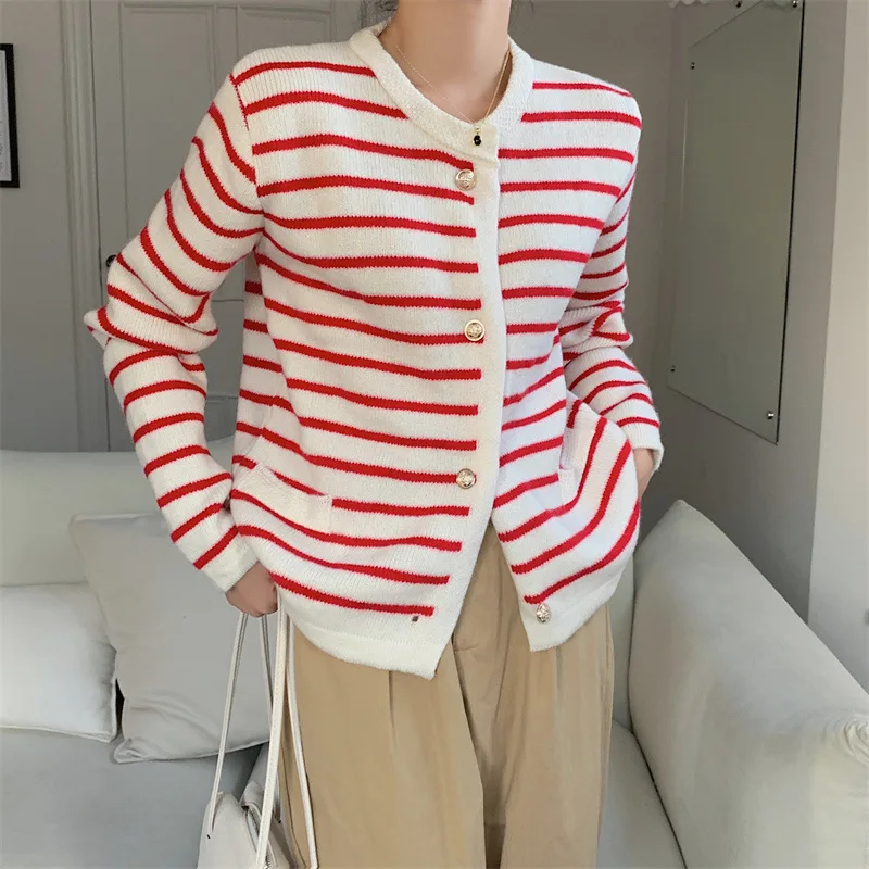 Women Spring Autumn Sweater O-neck Stripe Knitted Cardigan Fashion Long Sleeve Casual Short Tops Female Single-breasted Sweater