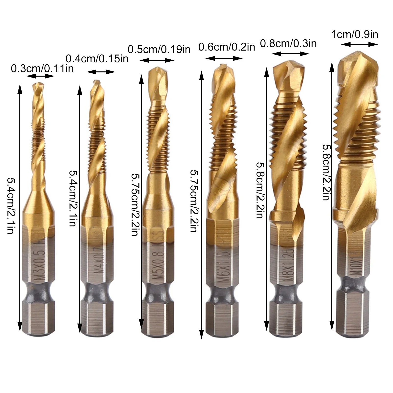 Metric Thread M3-M10 Titanium Coated HSS Drill and Tap Bits 1/4" Hex Shank Screw Taps Tool Set Thread Tap Tool Tapping Tool