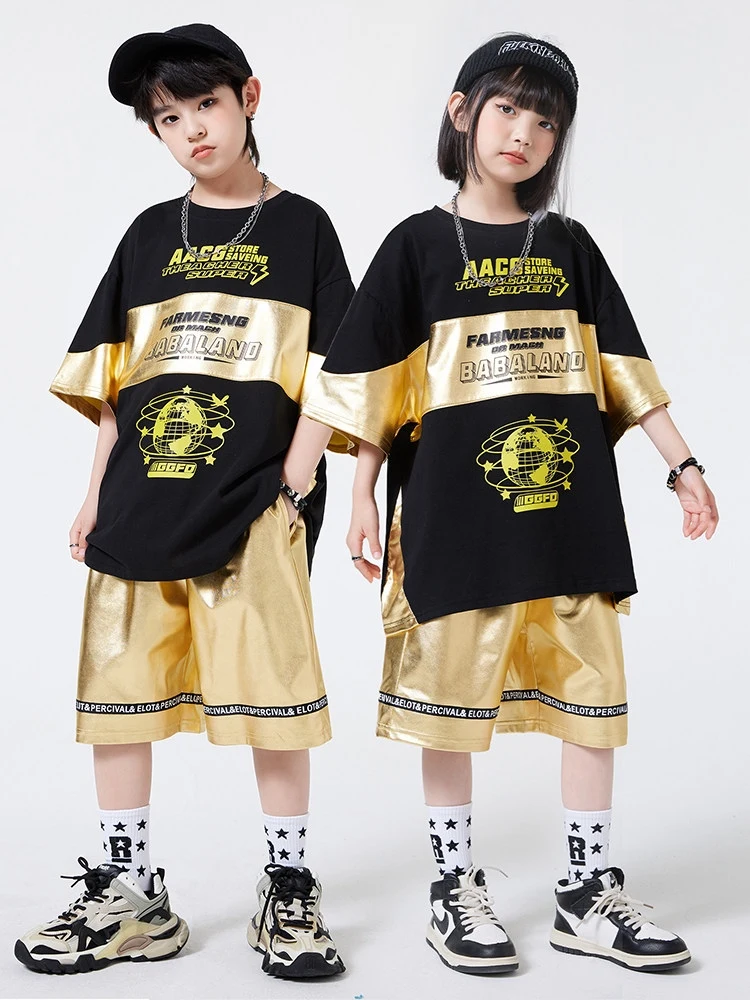 boys-hip-hop-dance-costume-short-sleeves-t-shirt-golden-shorts-summer-kids-street-dance-drum-performance-clothes-girls-bl15127