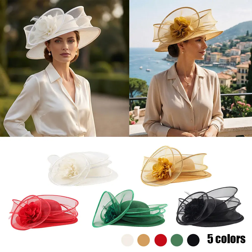 誇張されたメッシュヘッドウェア帽子オーガンザ大きな花のヘッドピースフォーマル教会帽子凹面形状トップハット大きなつば日よけサンハット