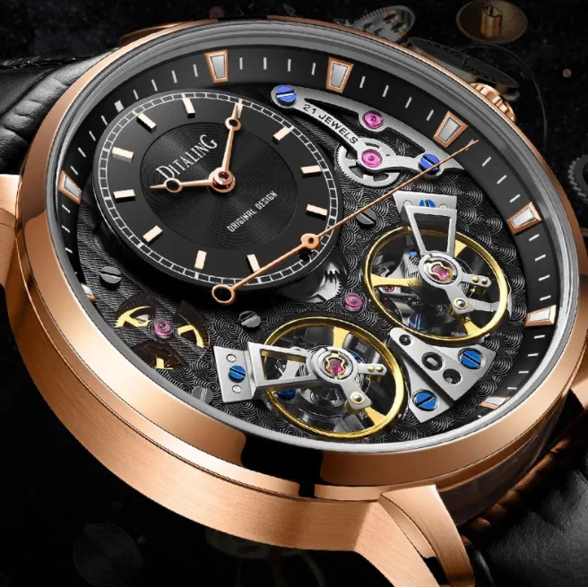 DITALING Men Automatic Watch 42mm Mechanical Wristwatch Waterproof Skeleton Dial Sapphire Skeleton Dual Flywheel