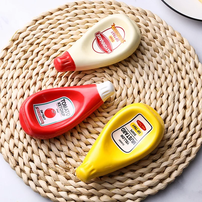 3 Pcs Ceramic Extruded Tomato Sauce Bottle Shape Dish Soy Sauce Plate Ketchup Mayonnaise Mustard Seasoning Dish