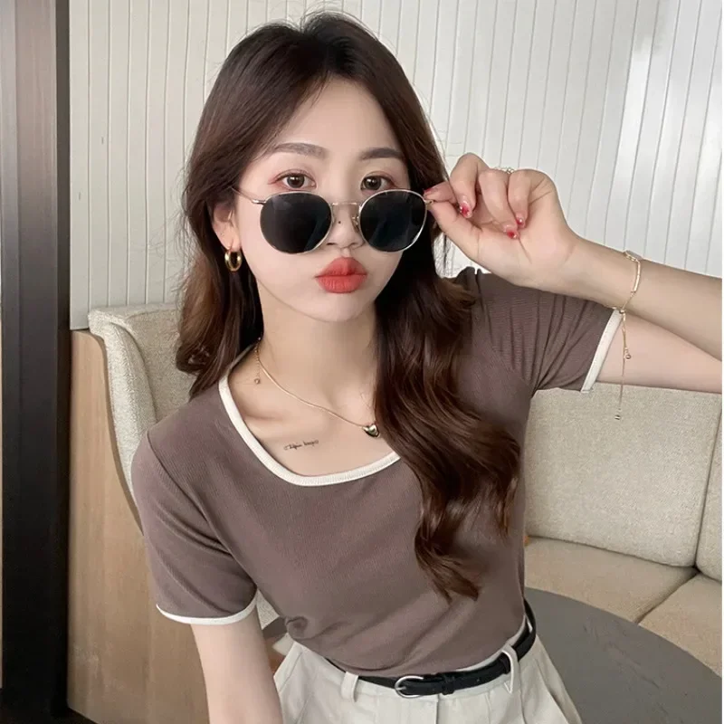 Sweet Girls Rib Cotton Striped Tops Chic Summer New U Neck Striped T-shirts Slim Elastic Casual Tees Fashion Women Streetwear