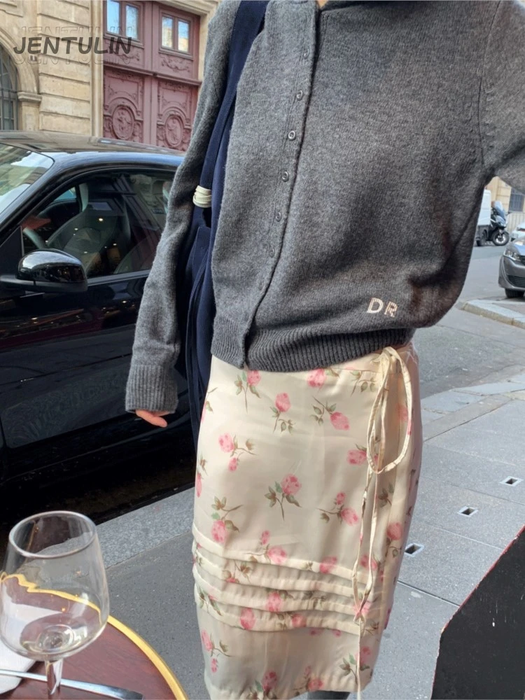 

Korea Elegant Floral Print Middle Skirt Women Retro Fashion Side Bowtie Gentle Elegant Temperament Half Skirt Commute High Waist