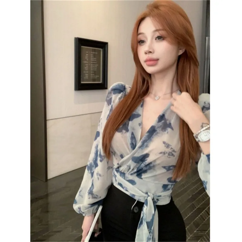 Elegantes Damen-Hemd mit V-Ausschnitt, Damen-Cardigan-Blusen mit Frühlings-Tinten-Print