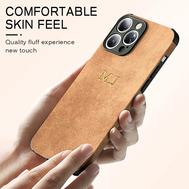 Luxury Soft Lambskin Leather Case For iPhone 16 15 14 13 12 11 Pro Max Personalised Customized Initial Letter Shockproof Cover