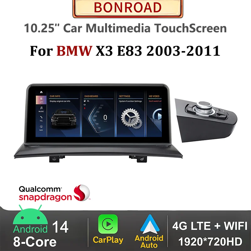 Bonroad 10.25'' Qualcomm 8G+128G Wireless CarPlay Android 14 Car Radio For BMW X3 E83 2003-2011 GPS Navigation Multimedia Player