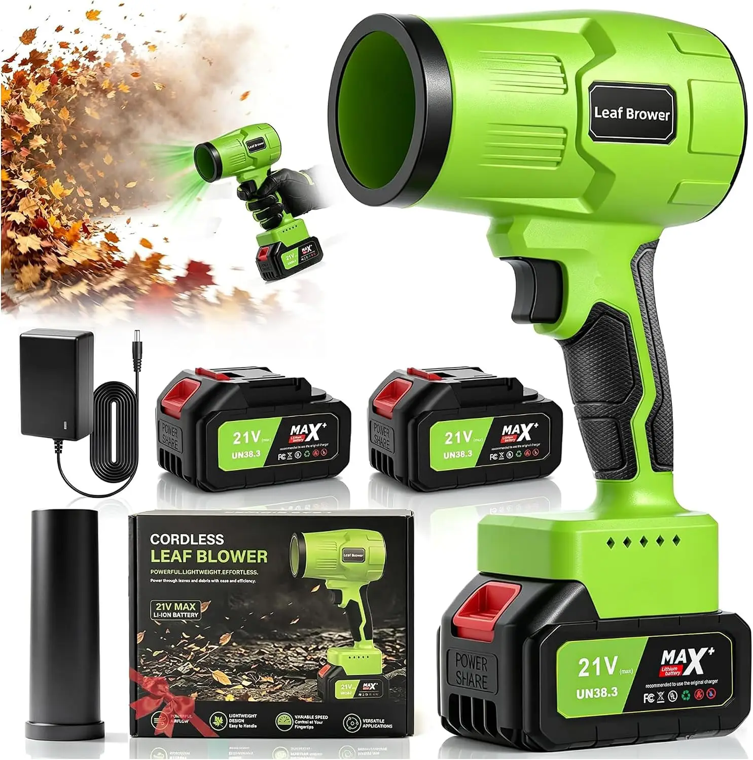 Cordless Handheld Leaf Blower, 990,000 RPM Blower with 2 Batteries and Charger, Lawn Care, Patio, Leaves, Dust, Snow, Car, and Home Use, Green