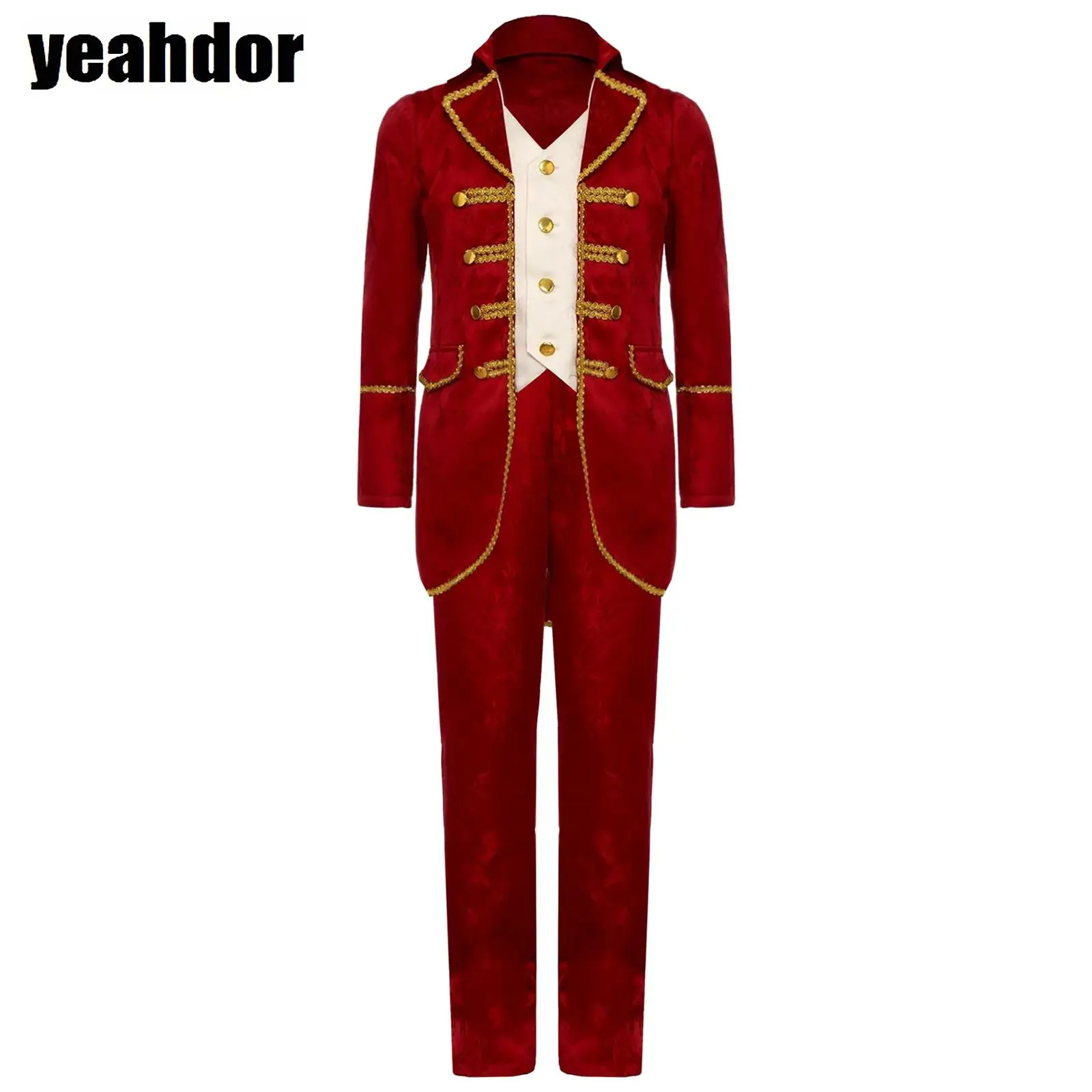 

Boys Medieval Victorian Costume Long Sleeves Gold Trim Tailcoat Jacket Vest Suit And Pants Set Halloween Steampunk Gothic Outfit