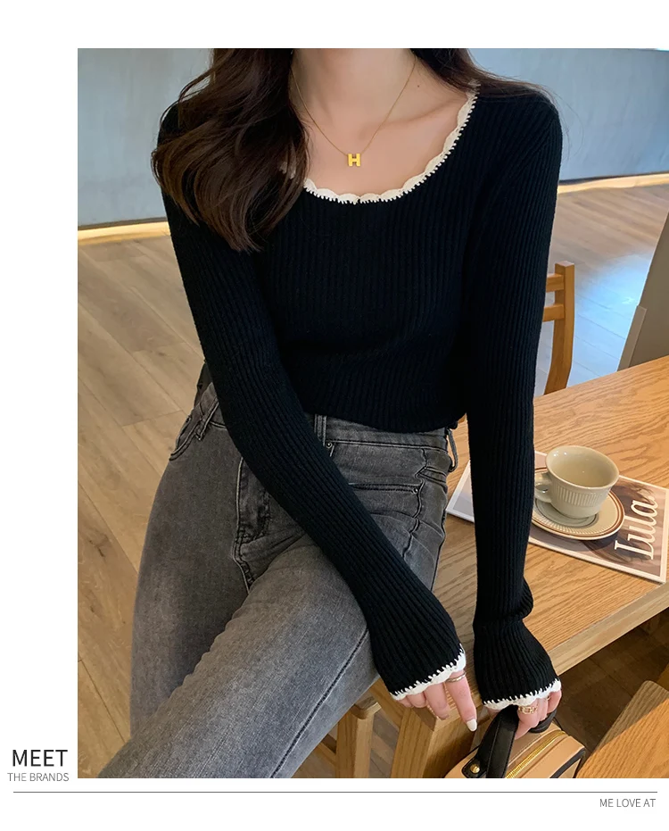 Mulheres costela malha superior com guarnição overlocked manga longa cabido pulôver camisola jumper topos outono inverno adolescente-menina malhas casuais