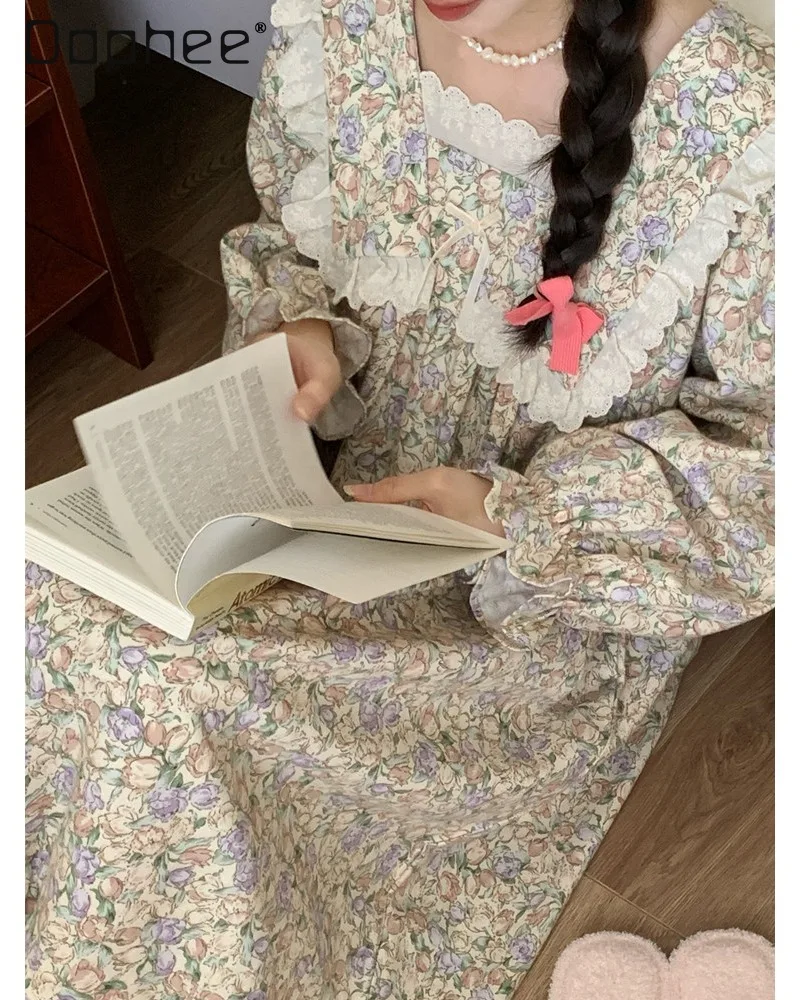 French-style Retro Soft Floral Nightgown Square Neckline Lace Trim Long Sleeves Comfortable Casual Women Homewear for Relaxation