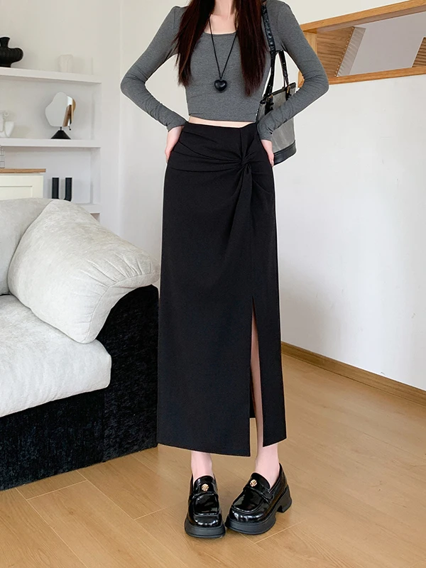 High Waist A-Line Midi Skirt for Women Split Design Slimming Summer New Style Korean Version Commute Casual High Waist Skirt
