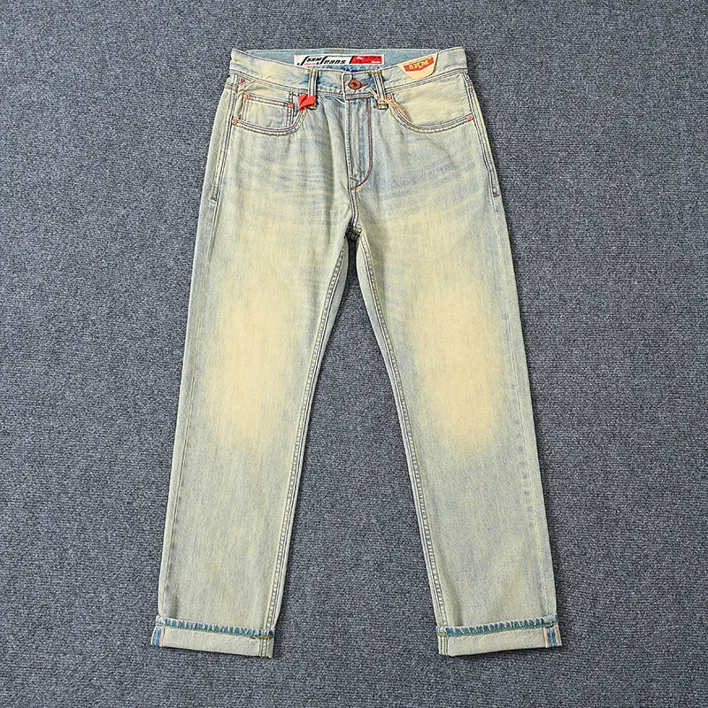 

100% Cotton Red Selvedge Denim 11oz Jeans - Men's Summer Vintage New Classic Fit Regular Straight Washed Versatile Pants 5KM