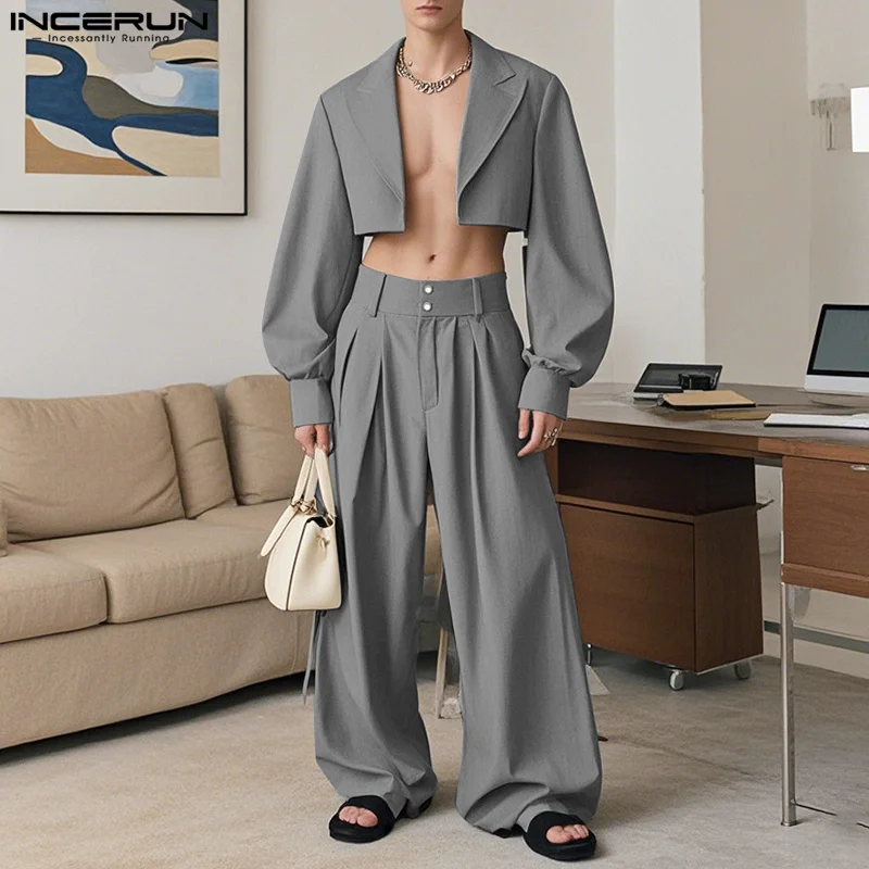 

Fashion Men's Sets INCERUN Sexy Cropped Casual Suit High Waist Wide Leg Long Pant Male Casual Clubwear Two-piece Sets S-5XL 2025