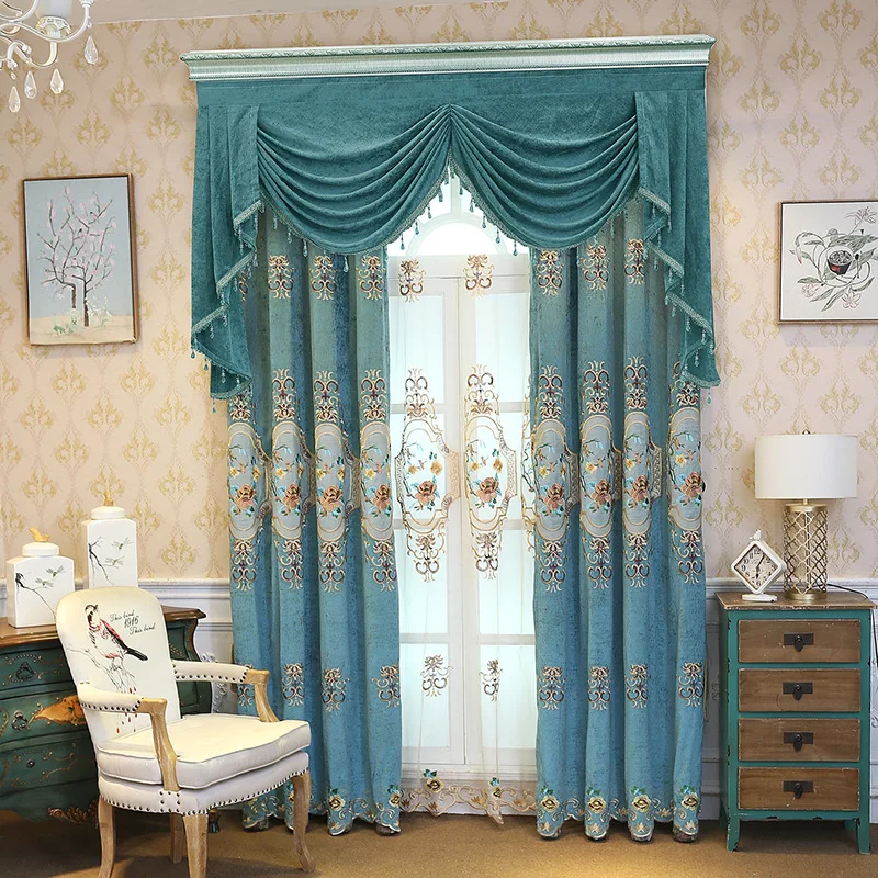 

Custom exquisite embroidery living room vintage embroidered modern blue cloth blackout curtain tulle valance drape C1743