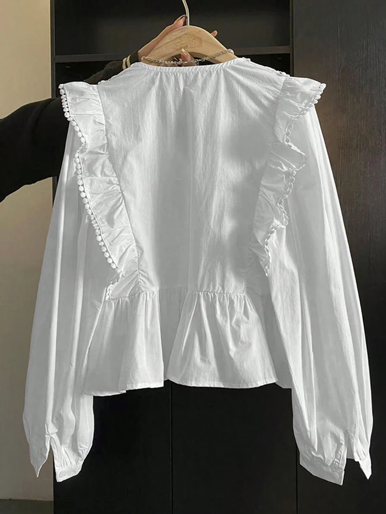 حجم كبير 2025 الخريف الوافدين الجدد المرأة عادية بلون الدانتيل لوحة تكدرت بأكمام طويلة قمة عصرية وأنيقة #2