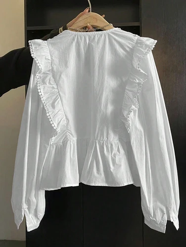 Imagen 2 del producto Tallas grandes 2025, recién llegados de otoño, Top informal de manga larga con volantes y Panel de encaje de Color sólido para mujer, moderno y elegante