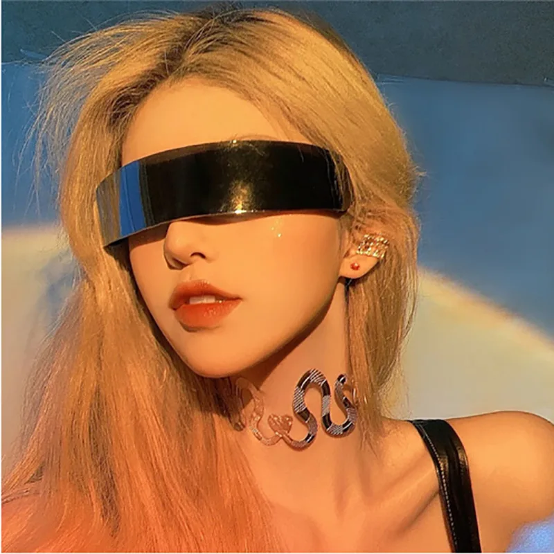 Cyberpunk-Lunettes de soleil futuristes pour femmes et hommes, une pièce, rondes, miroir argenté