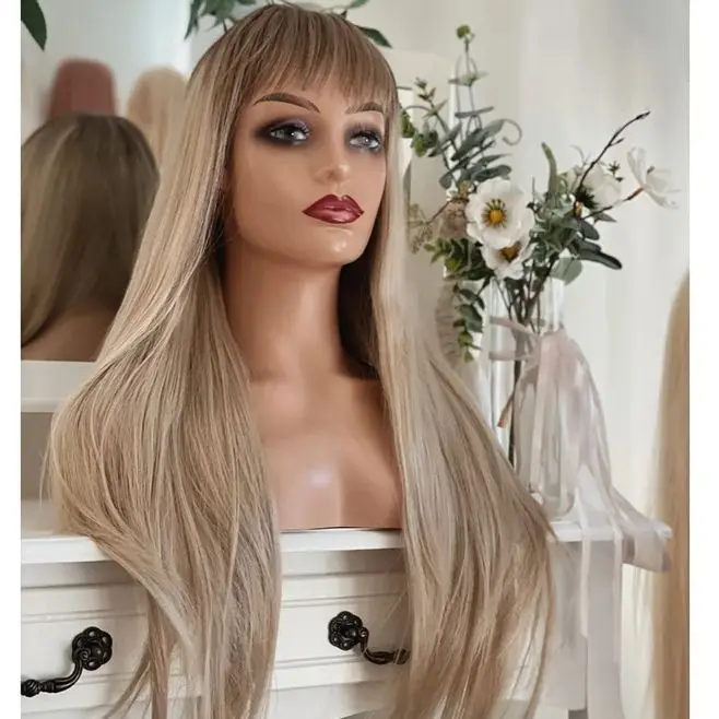 22 Inches Ombre Platinum Blonde Straight HD Transparent Lace Front Wig With Bangs Synthetic Wig For Women Glueless Invisible Wig