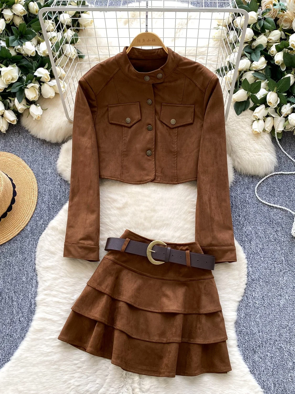 

Fashionable Short Sleeveless Women's Jacket with Ruffle Skirt Set Brown Deer Leather Velvet Autumn Winter Outfit for Ladies