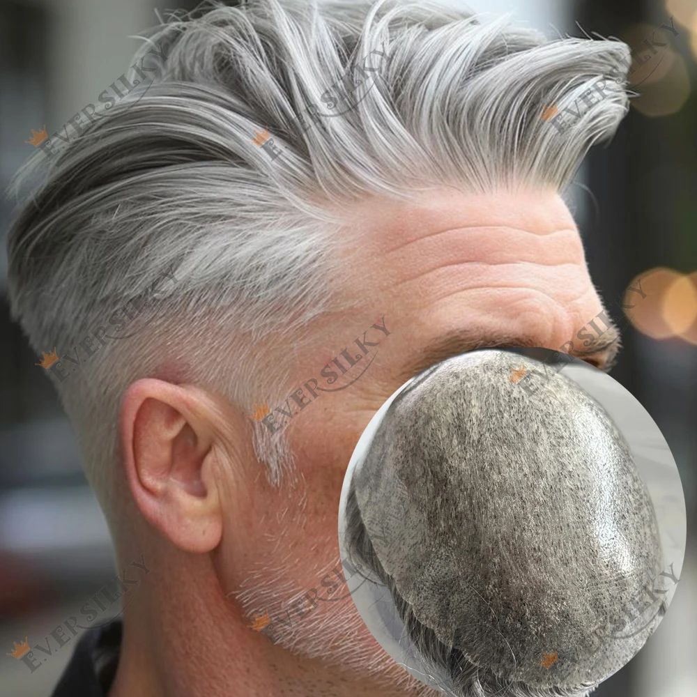 

Undetectable Durable 0.1mm Injection PU Base 1b65 1B80 Old Man Toupee Natural Hairline Brown Men Human Grey Hair System Hairpiec